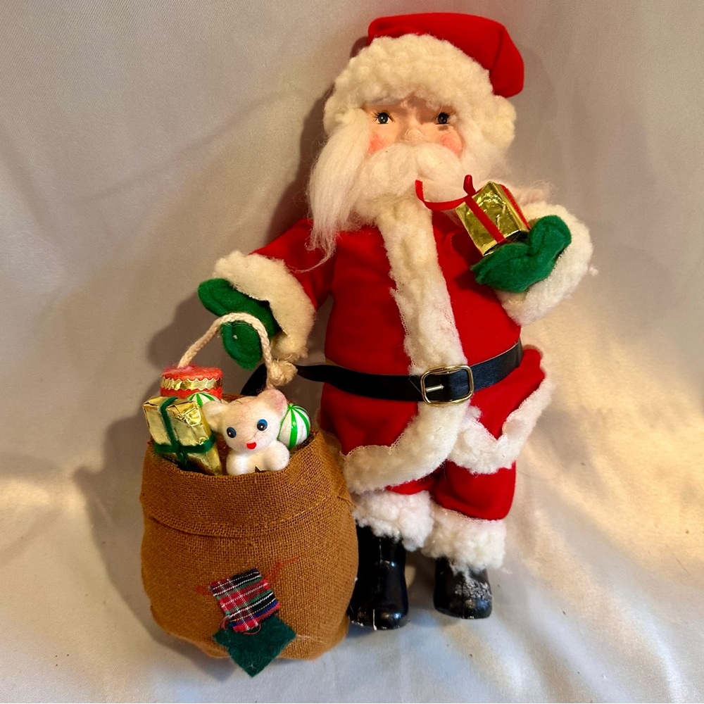 Classic Red Paper Mache Santa Claus Holiday Figure with Gift Sack 12"H